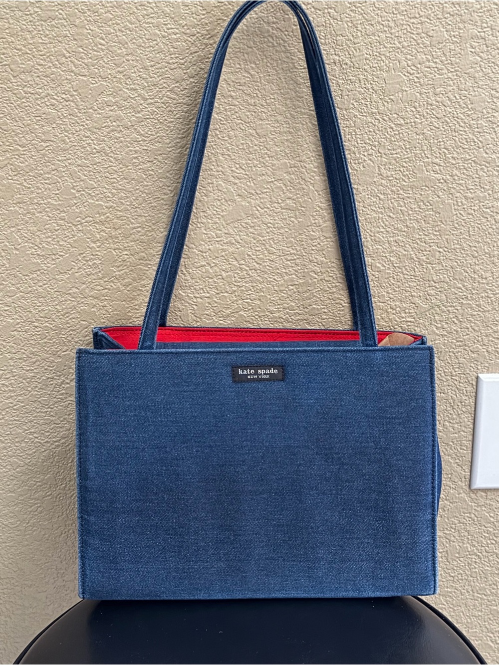 Vintage 1999 Kate Spade New York Structured Denim Tote Bag with Red Lining